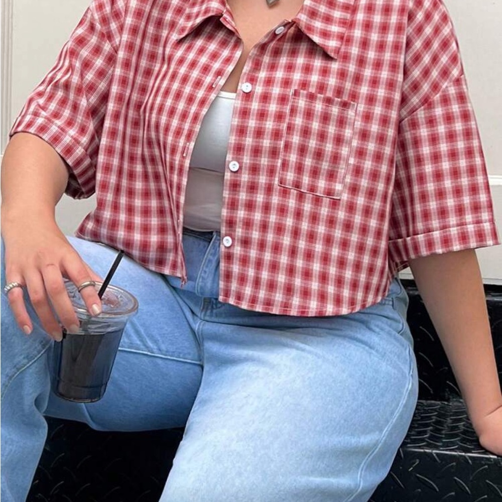 Plaid Button-Up Red Top - Picture 5 of 6